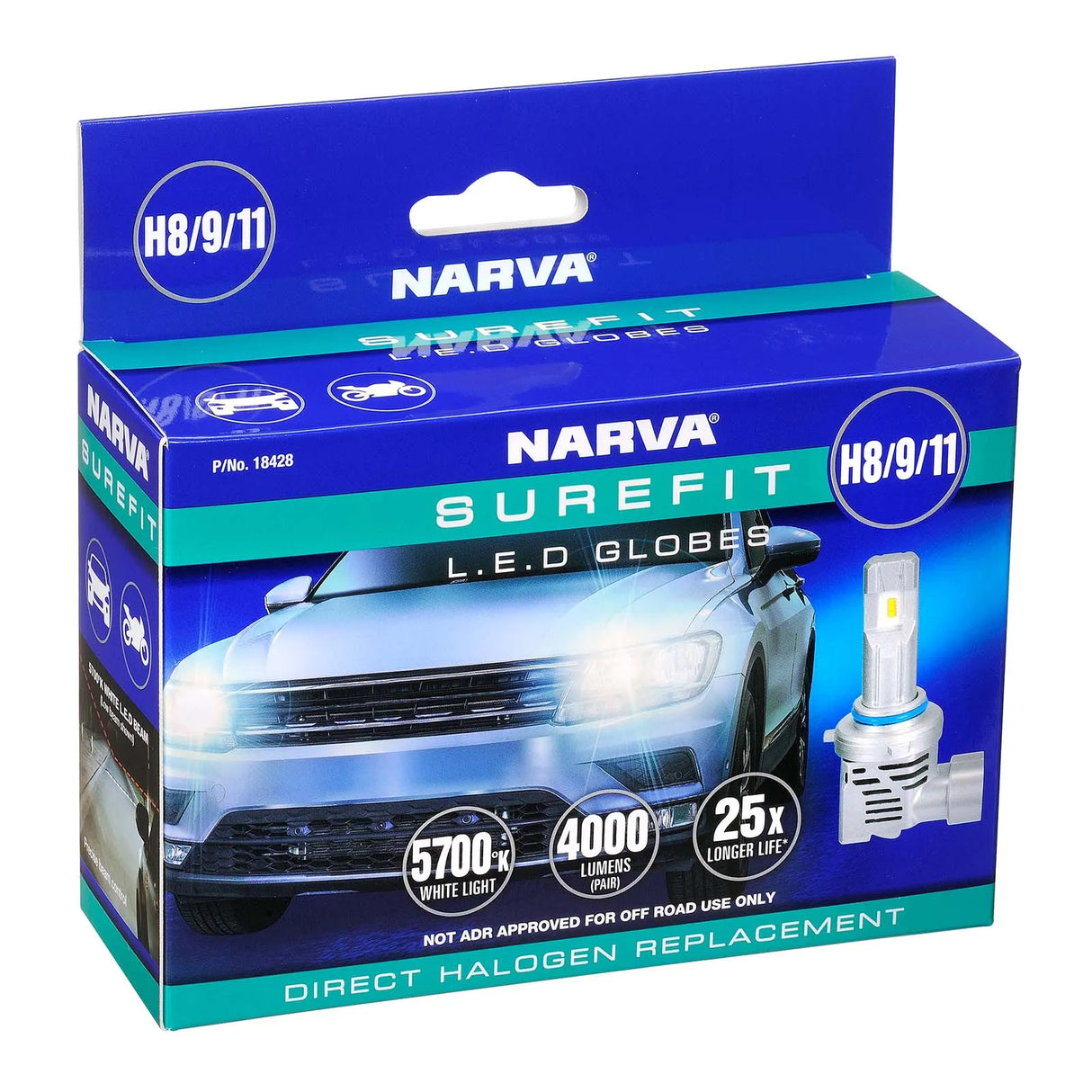H8/9/11 Surefit Led Globes (2) Narva 18428NARVA