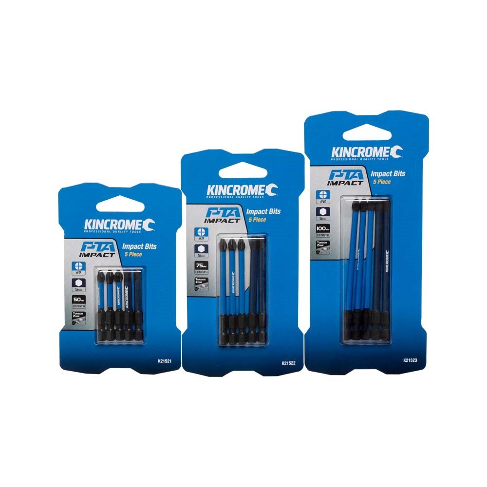 KINCROME PHILLIPS #2 & HEX 5MM IMPACT BIT MIXED PACK 100MM 5 PC K21523