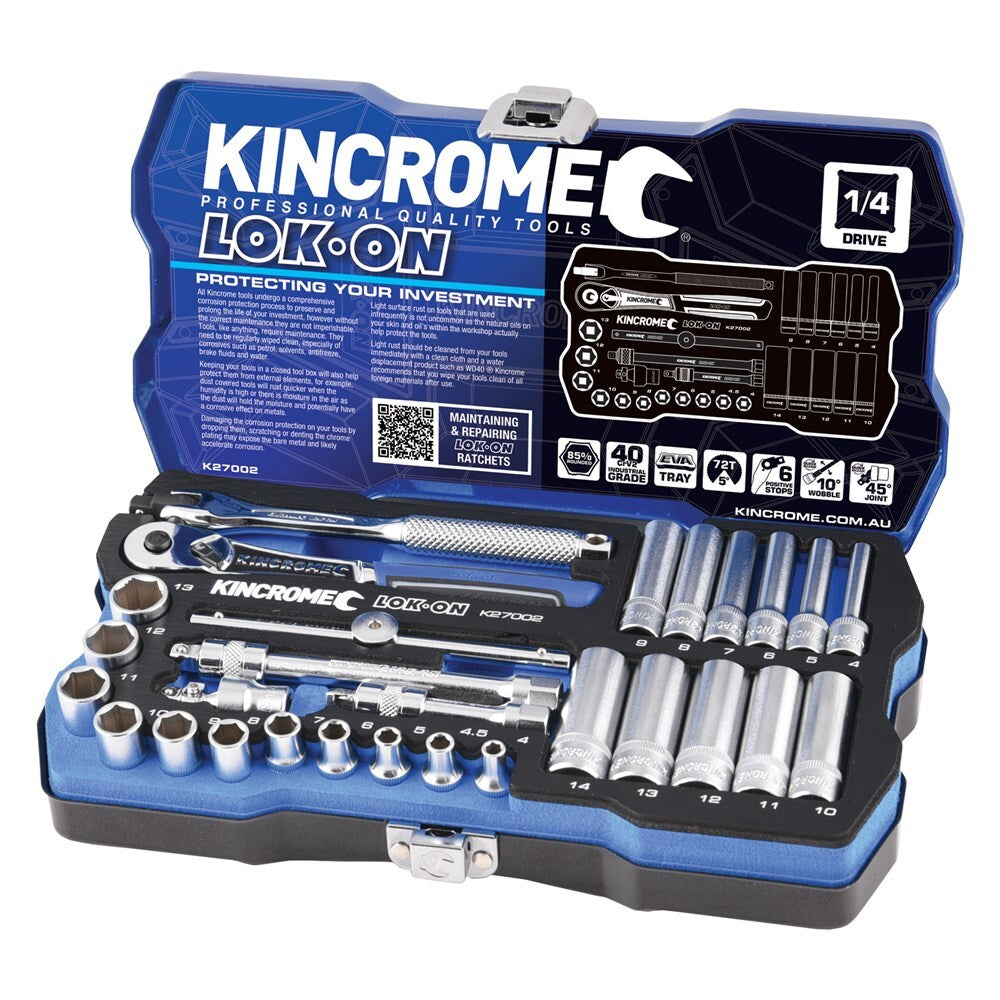 KINCROME LOK-ON Socket Set 28 Piece 1/4" Drive - Metric K27002