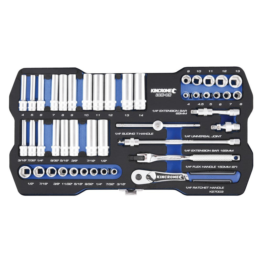 KINCROME LOK-ON Socket Set 45 Piece 1/4" Drive - Metric & Imperial K27003