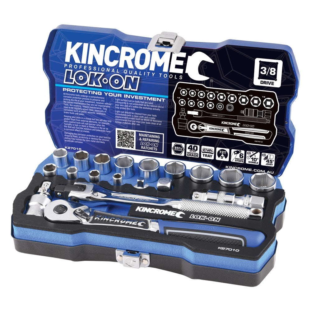 KINCROME LOK-ON Socket Set 19 Piece 3/8" Drive - Metric K27010