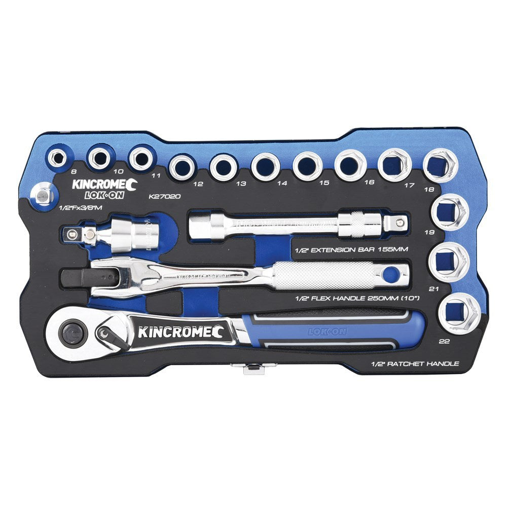 KINCROME LOK-ON Socket Set 18 Piece 1/2" Drive - Metric K27020