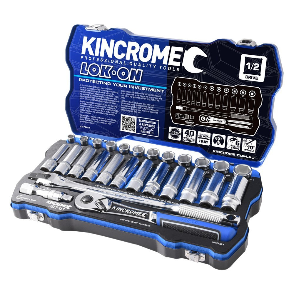KINCROME LOK-ON Socket Set 28 Piece 1/2" Drive - Metric K27021