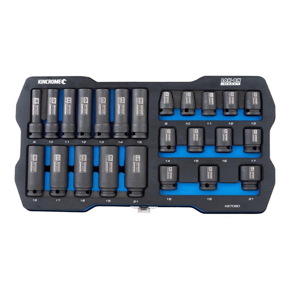 KINCROME LOK-ON Standard & Deep Impact Socket Set 24 Piece 3/8" Drive - Metric K27080