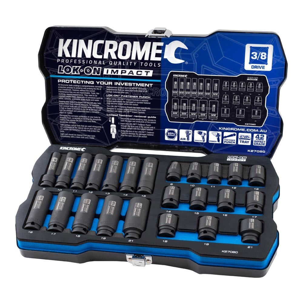 KINCROME LOK-ON Standard & Deep Impact Socket Set 24 Piece 3/8" Drive - Metric K27080