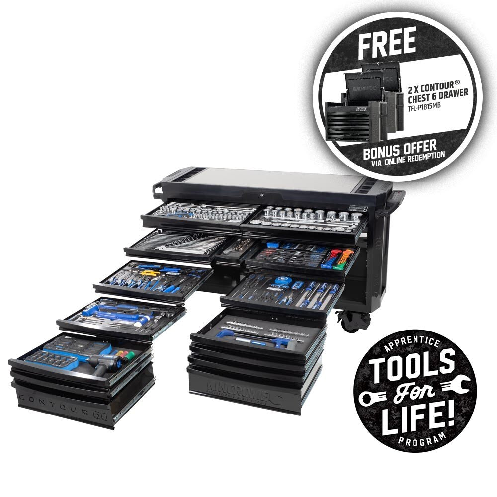 KINCROME CONTOUR Tool Trolley 403 Piece 20 Drawer Extra-Wide 1/4, 3/8 & 1/2" Drive - Black Series P1815MB