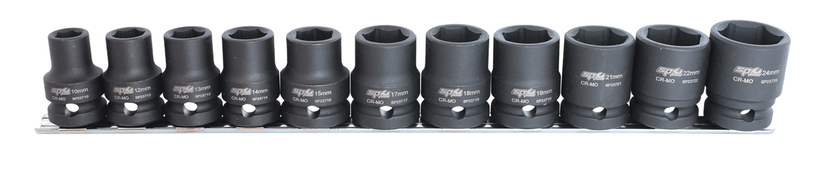 SP Tools Socket Rail Impact 1/2 Drive 6 Point 11 Piece Metric SP20350