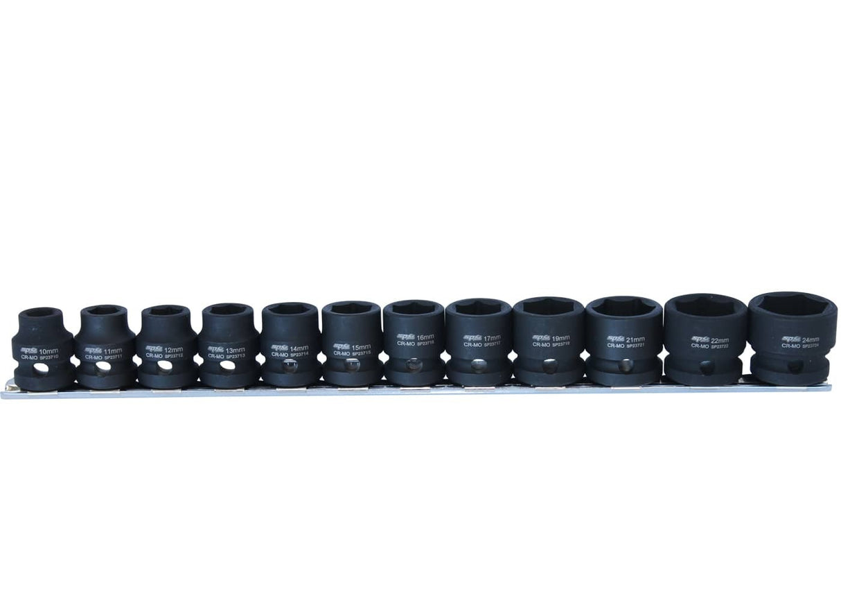 SP Tools Metric Impact Socket Set 1/2 drive Stubby 12pc on Rail SP20355