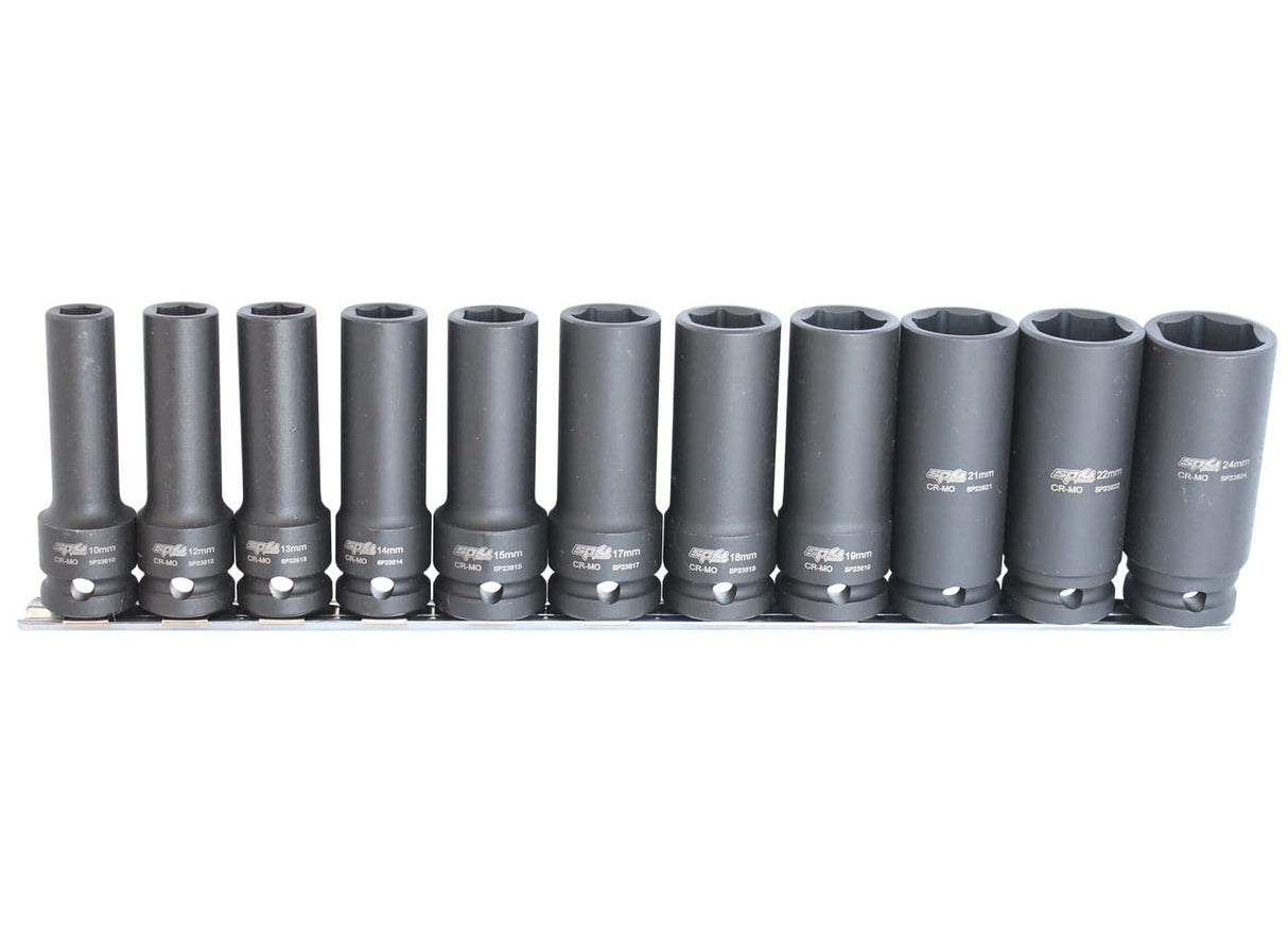 SP Tools Socket Rail Impact 1/2 Drive Deep 6 Point 11 Piece Metric SP20360