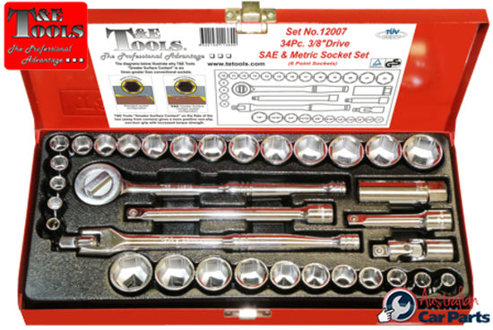 34Pc. 3/8"Dr. 6 Point SAE/Metric Socket Set T&E Tools 12007