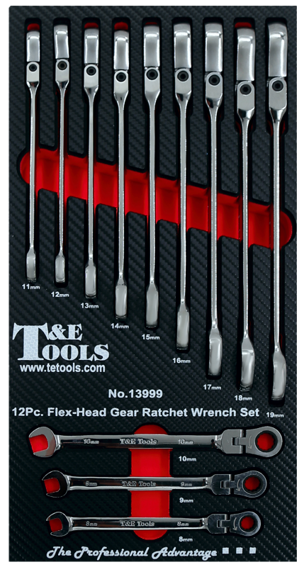 Metric Flex-Head Gear Ratchet Wrench Set 12Piece. 8 - 19mm T&E Tools 13999