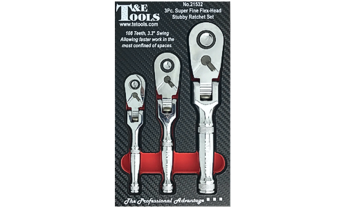 3Piece. Super Fine Flex-Head Stubby Ratchet Set T&E Tools TE-21532