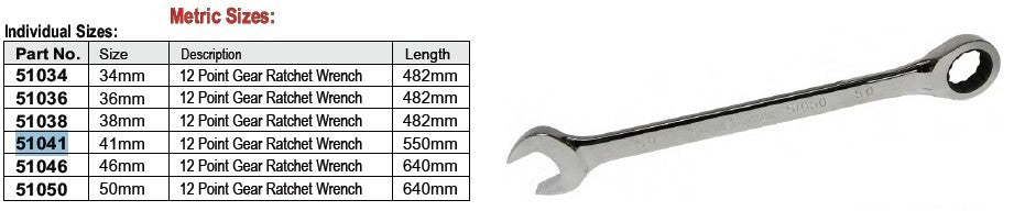 41mm R & O/E Gear Ratchet Wrench T&E Tools 51041