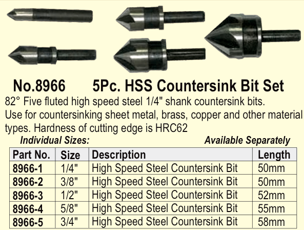 5 Piece HSS Countersink Bit Set T&E Tools 8966