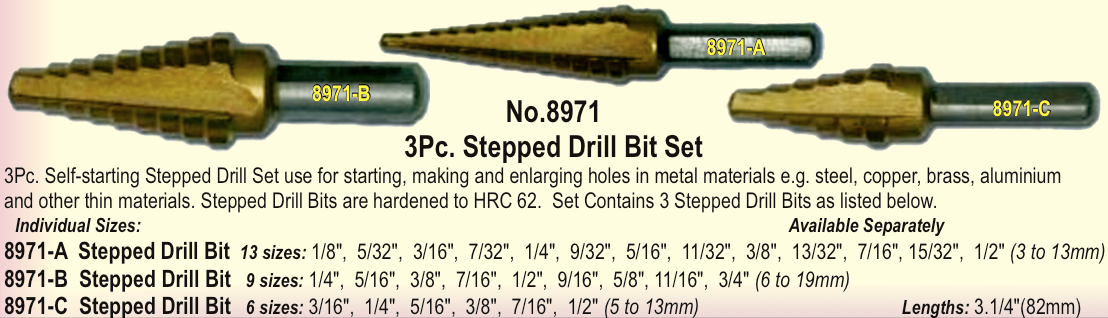 3 Piece Stepped Drill Bit Set T&E Tools 8971