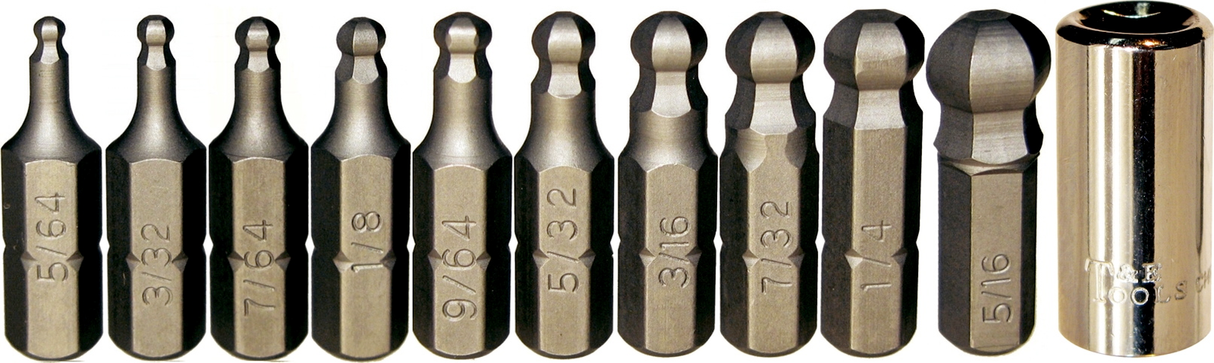 SAE Ball-End In-Hex Insert Bits 11 Piece set (1/4" Hex Short) T&E Tools 91125
