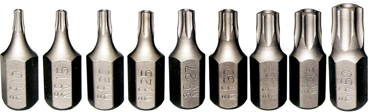 10Pc 5Pt. TamperTorx-Plus Bits (5/16" Hex) T10-T50 30mm Long T&E Tools 91151