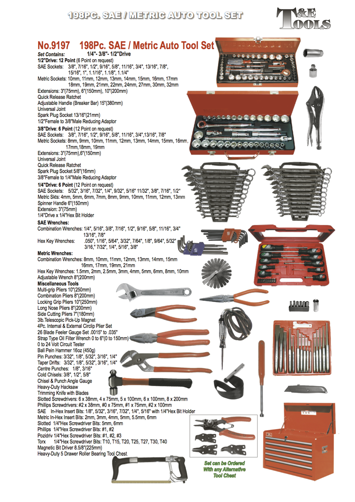 198Pc. SAE/Metric Auto Tool Set T&E Tools 9197