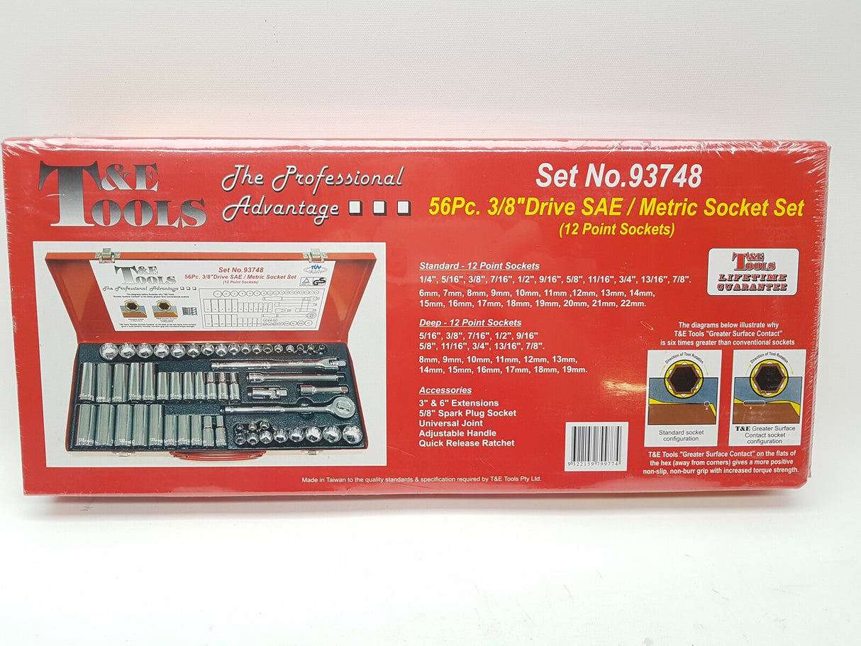 56 Piece 3/8" Drive SAE & Metric Socket Set (12 Point) T&E Tools 93748