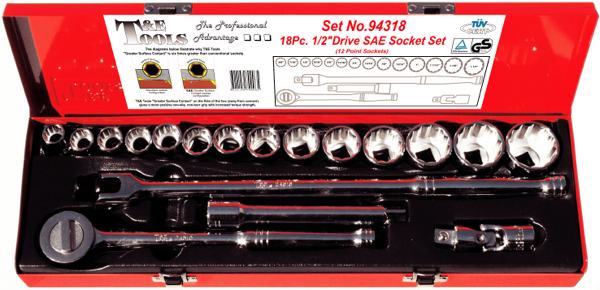 18 Piece 1/2" Drive Standard SAE Socket Set (12 Point) T&E Tools 94318