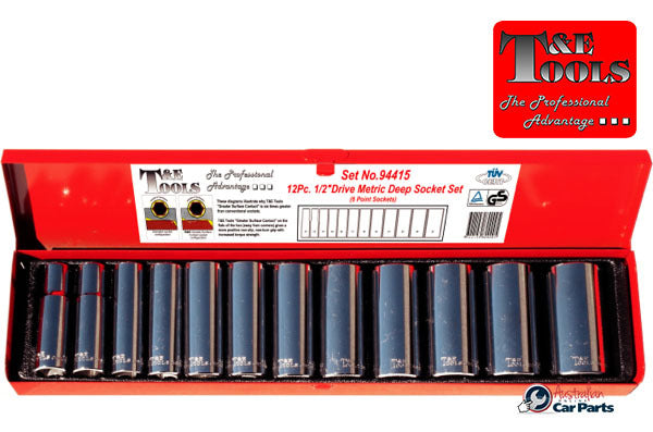 12 Piece 1/2" Drive Deep Metric 6 Point Sockets T&E Tools 94415