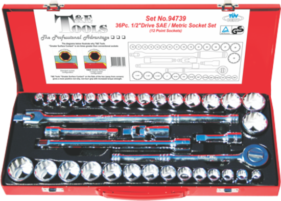 36 Piece 1/2" Drive SAE & Metric Socket Set (12 Point) T&E Tools 94739