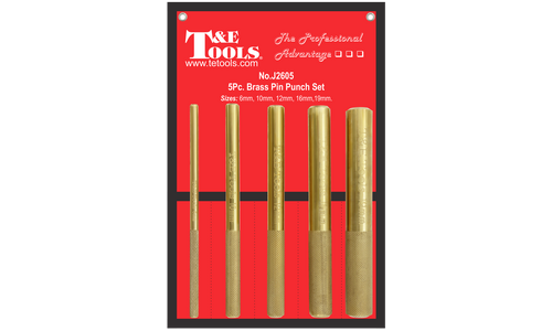 5 Piece Brass Pin Punch Set 145mm Long T&E Tools J2605