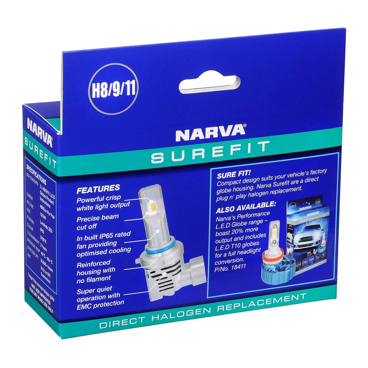 H8/9/11 Surefit Led Globes (2) Narva 18428NARVA