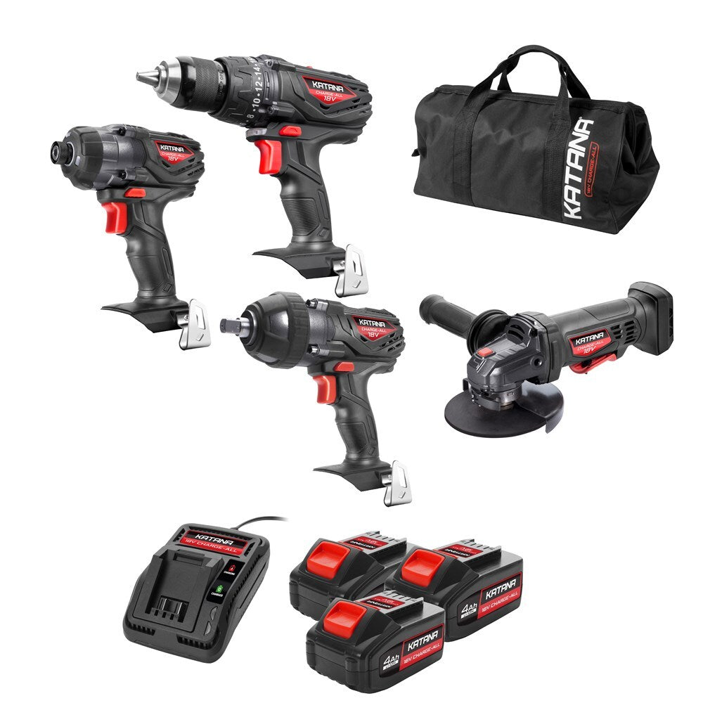 Katana by Kincrome 4 Piece Cordless Combo Kit, 18V Drill, Rattle Gun, Angle Grinder & Impact Driver Set 220540