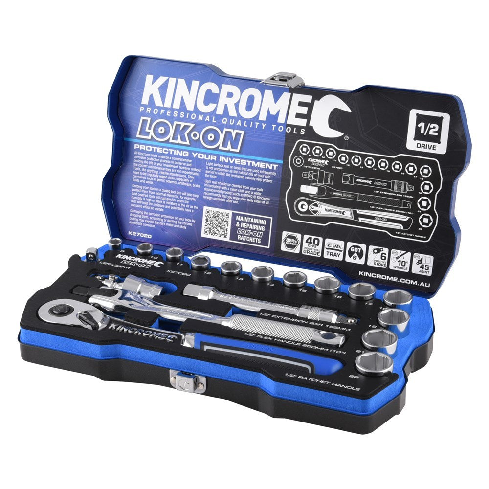 KINCROME LOK-ON Socket Set 18 Piece 1/2" Drive - Metric K27020