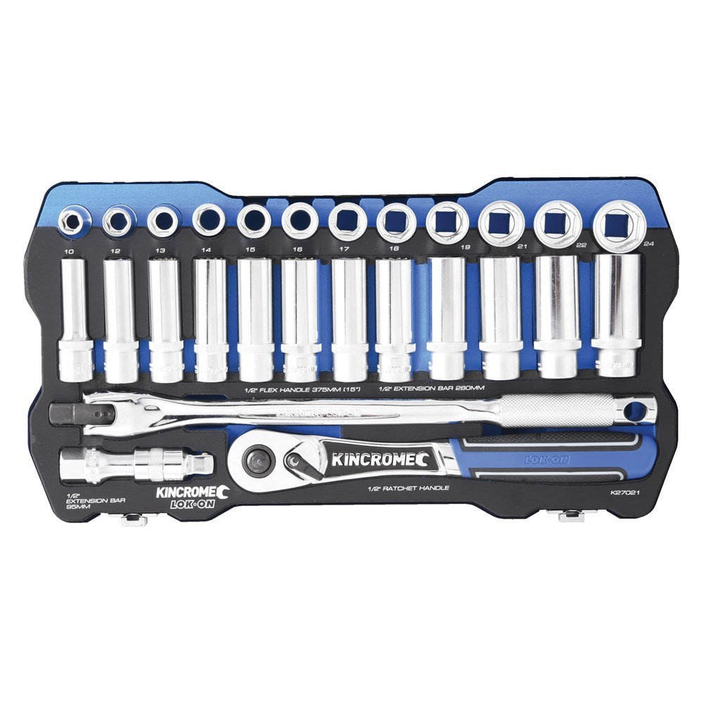 KINCROME LOK-ON Socket Set 28 Piece 1/2" Drive - Metric K27021