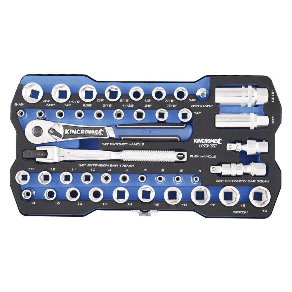 KINCROME LOK-ON Socket Set 44 Piece 1/4" & 3/8" Drive - Metric & Imperial  K27031