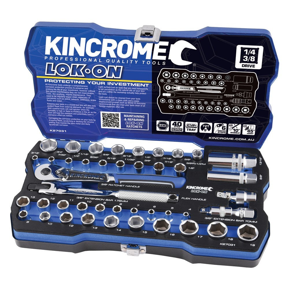 KINCROME LOK-ON Socket Set 44 Piece 1/4" & 3/8" Drive - Metric & Imperial  K27031
