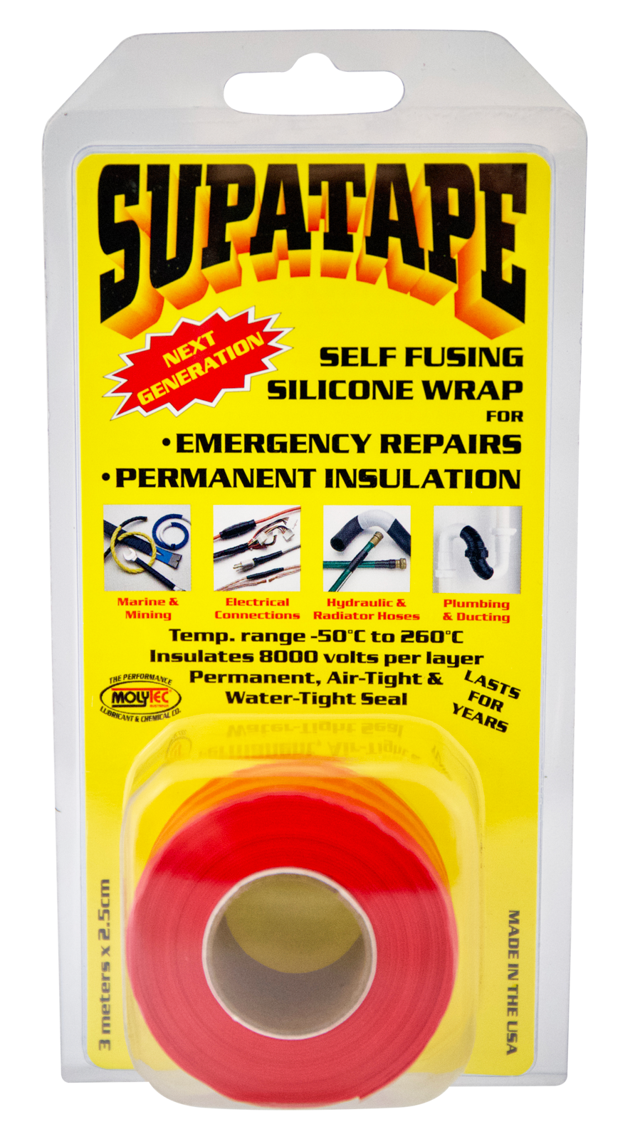 Supatape Red forms a non-conductive, air & water tight insulating seal. 2.5cm x 3m