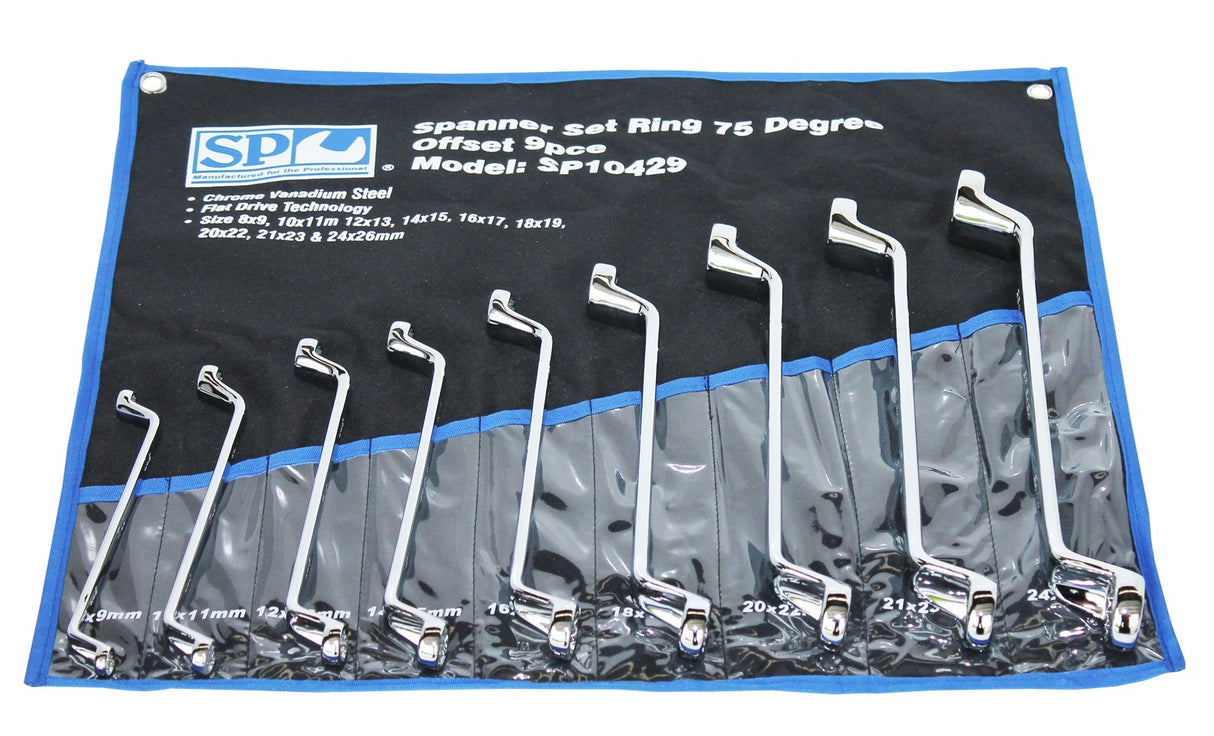 SP Tools Spanner Set Double Ring 75 Degree Off Set 9 Piece SP10429