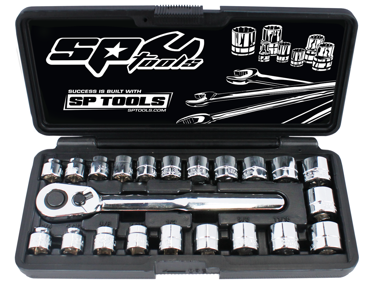 SP Tools 3/8"Dr Socket Set Low Profile Stubby Metric SAE 22 Piece SP20220
