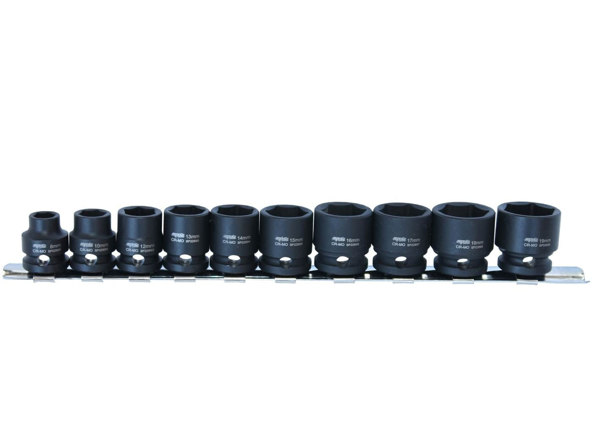 Metric Impact Socket Set 3/8 drive Stubby 10 piece on Rail SP Tools SP20255