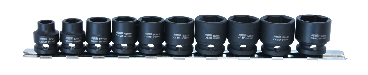 Metric Impact Socket Set 3/8 drive Stubby 10 piece on Rail SP Tools SP20255