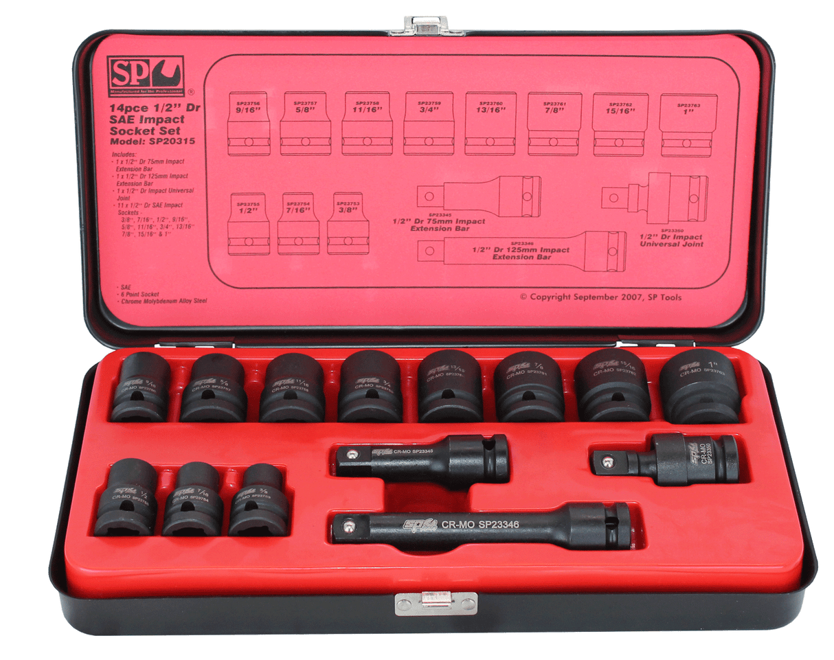 SP Tools Socket Set Impact 1/2 Drive 6 Point 14 PieceAE SP20315