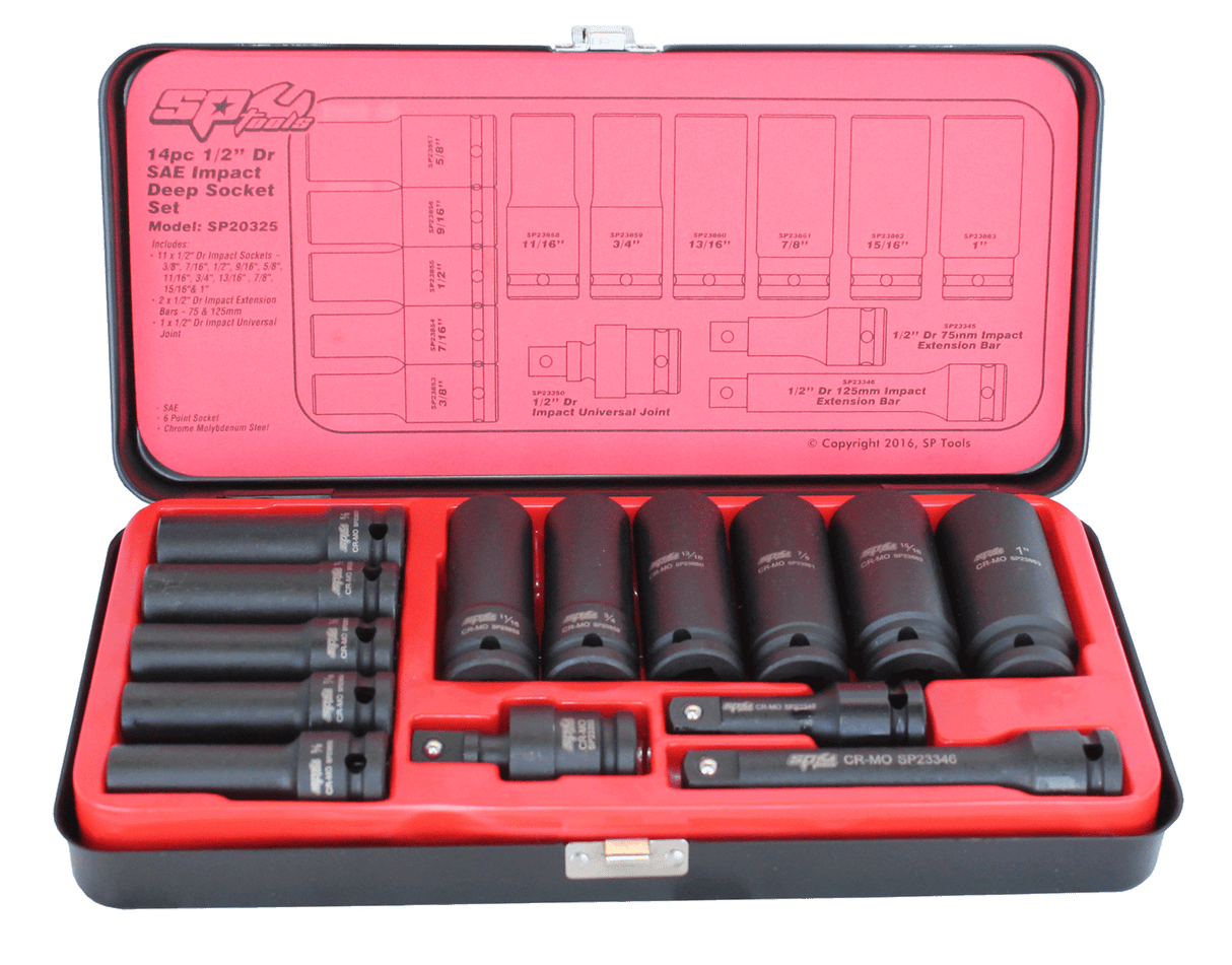 SP Tools Socket Set Impact 1/2 Drive Deep 6 Point 14 PieceAE SP20325