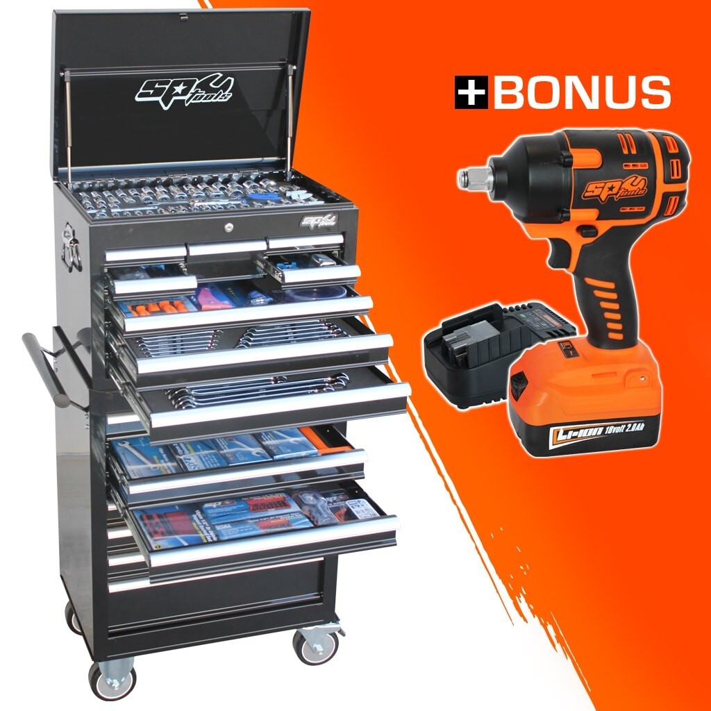 SP Tools ToolKit Custom Series Tool Kit - 610PC - Metric/SAE PLUS PLUS BONUS 18V 1/2" DR Impact WRENCH Only Til 1st September 2020 SP50165