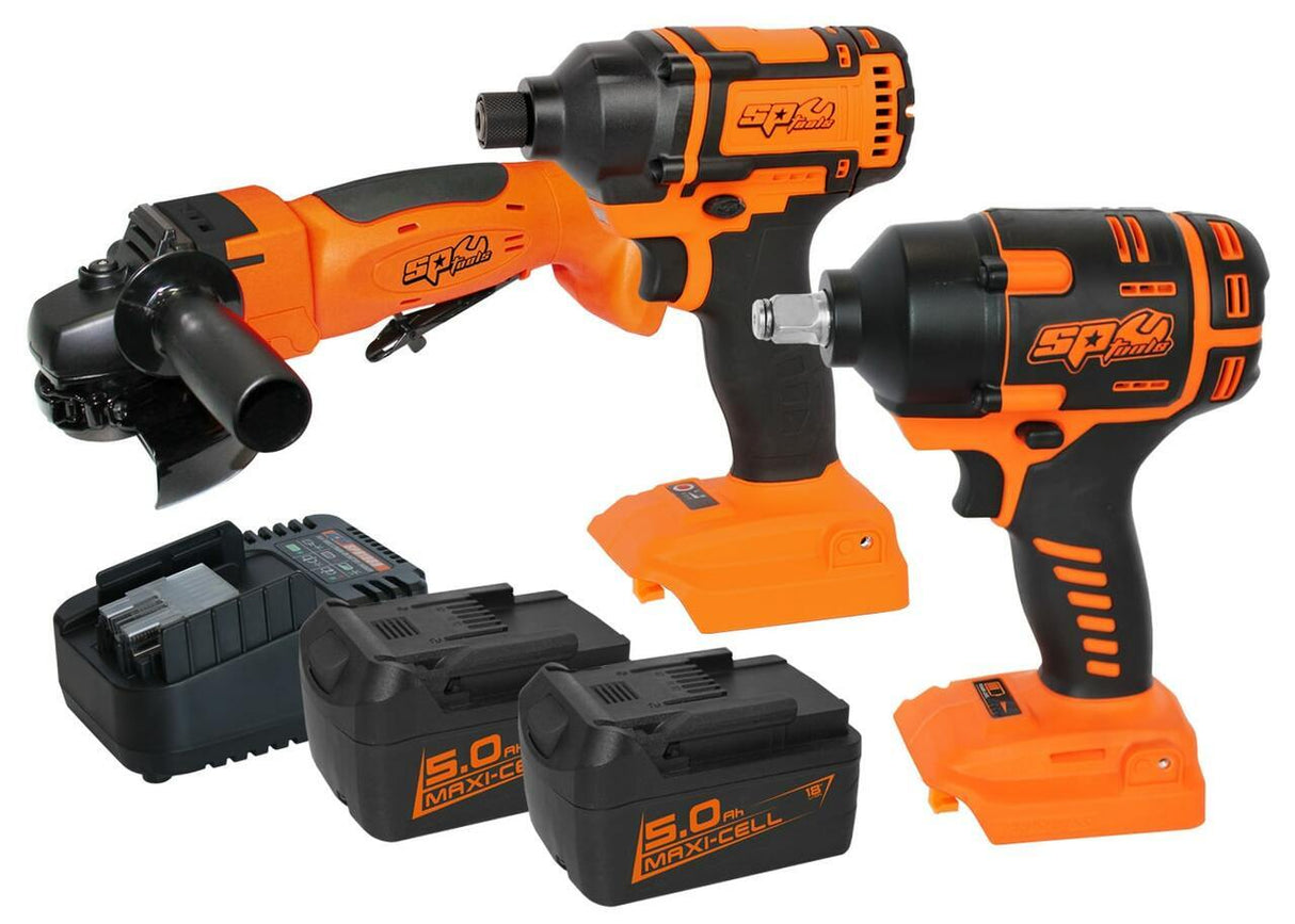 SP Tools Brushless Combo 1/2' Dr Impact Wrench 5' Cut Off/Angle Grinder 1/4' Hex Impact Driver 18v 5Ah Kit SP82233