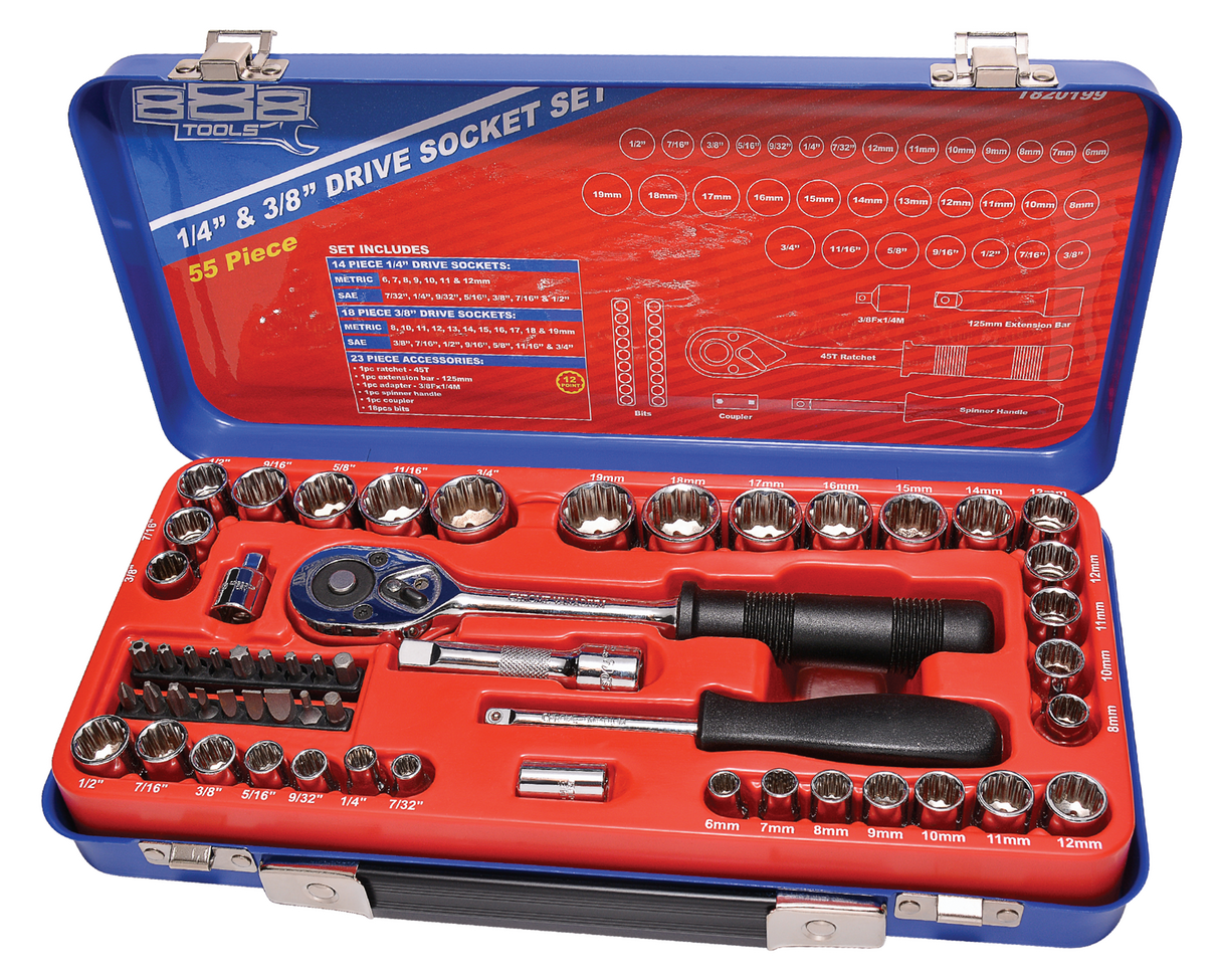 SP Tools Socket Set 888 1/4" & 3/8" Drive 12 Point Metric/SAE 55 Piece T820199