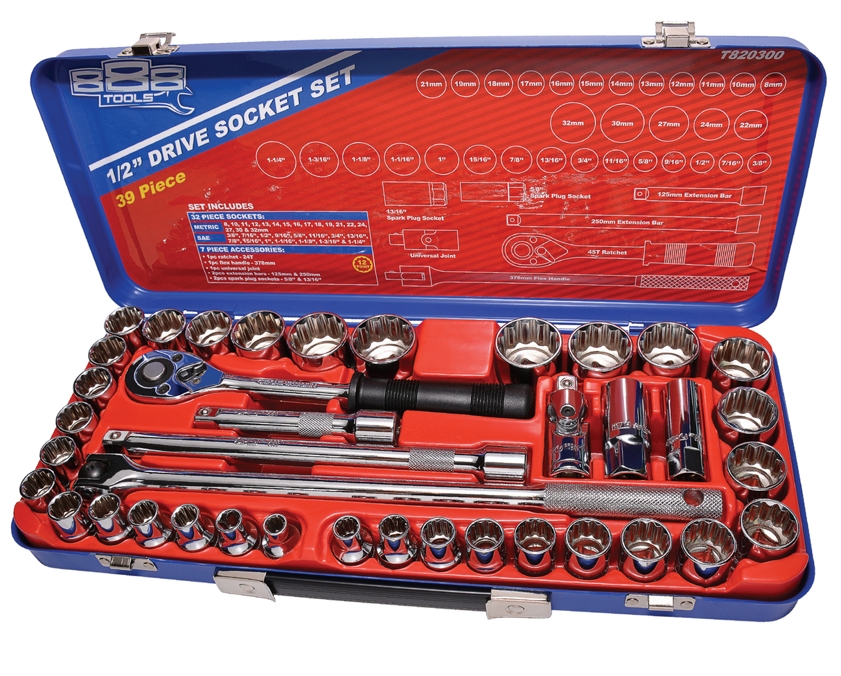 SP Tools Socket Set 888 1/2" Drive 12 Point Metric/SAE 39 PieceT820300