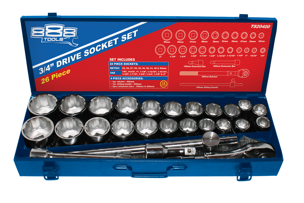 Socket Set 26 Piece 12 Point 3/4 Drive - Metal Box 888 by SP Tools T820400