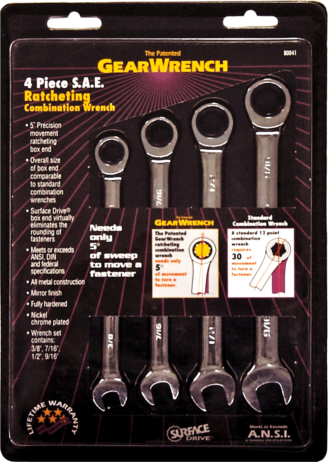 4Pc. SAE Gear Ratchet Wrench Set 3/8" -  9/16" T&E Tools 13004