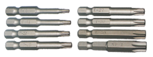 8Pc.1/4"Hex Torx -r  Power Bit Set T10-T45  50mm Long. T&E Tools 91140