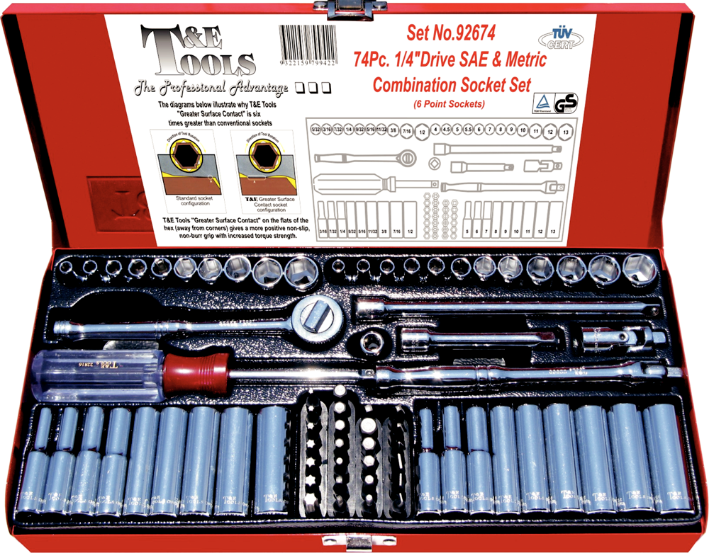 T&E Tools 73 Piece 1/4"Drive SAE & Metric Socket Set (6 Point) 92674