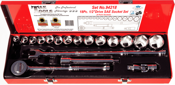 T & E Tools 18 Piece 1/2" Drive Standard SAE Socket Set (6 Point) 94218