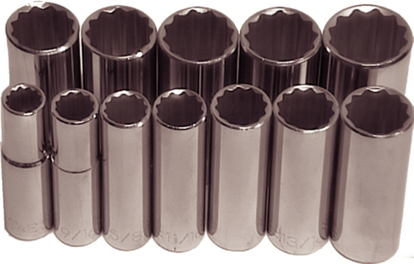 12 Piece 1/2" Drive SAE Deep 12 Point Sockets T&E Tools 94512